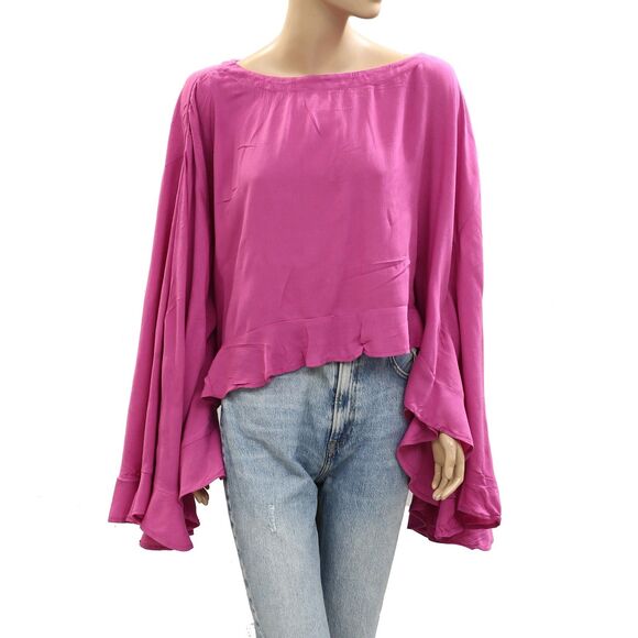 Free People Free Est Delilah Cropped Blouse Top Ruffle Cactus Rose L NWT 284420 - Picture 4 of 8